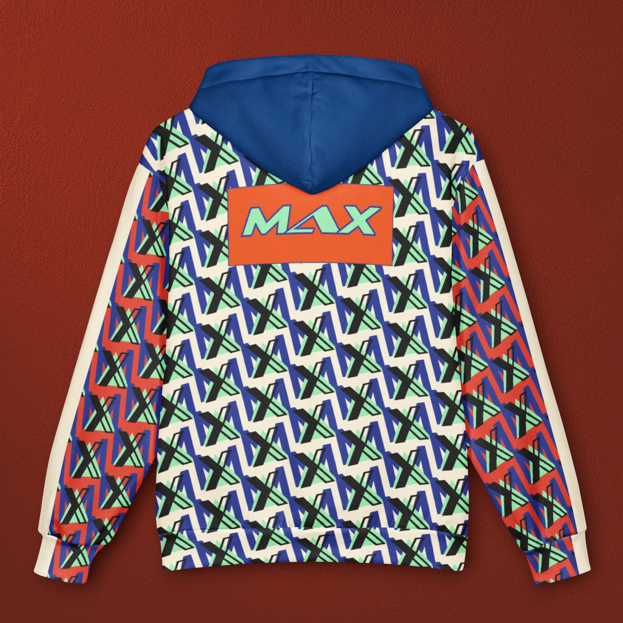 MAXMAX Xtreme Hot Hoodie back view with repeating geometric MAX pattern, cobalt hood, and orange MAX logo panel.