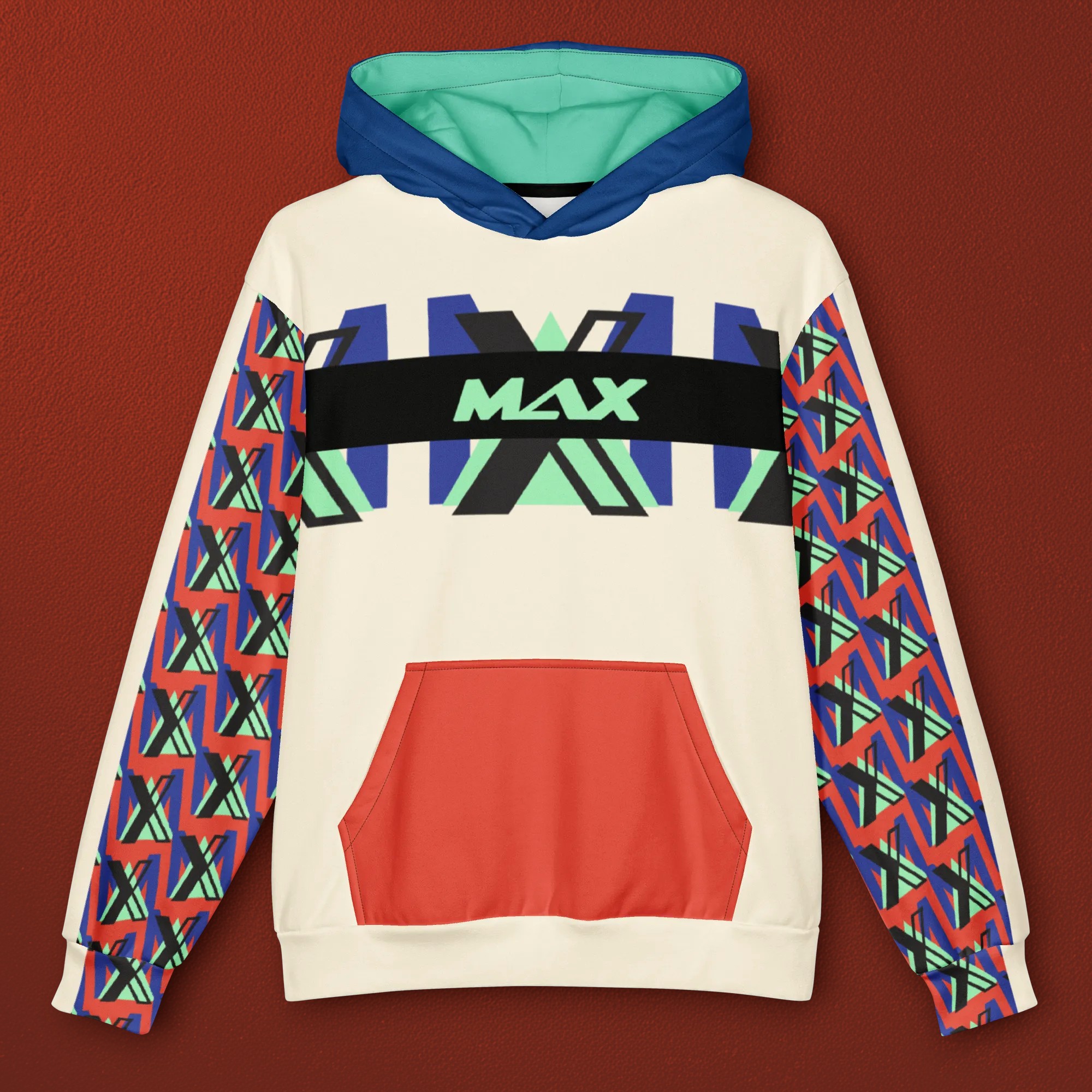MAXMAX Xtreme Hot Hoodie featuring oversized cream body, cobalt and mint MAX graphics, orange patterned sleeves, black chest panel, and orange kangaroo pocket.